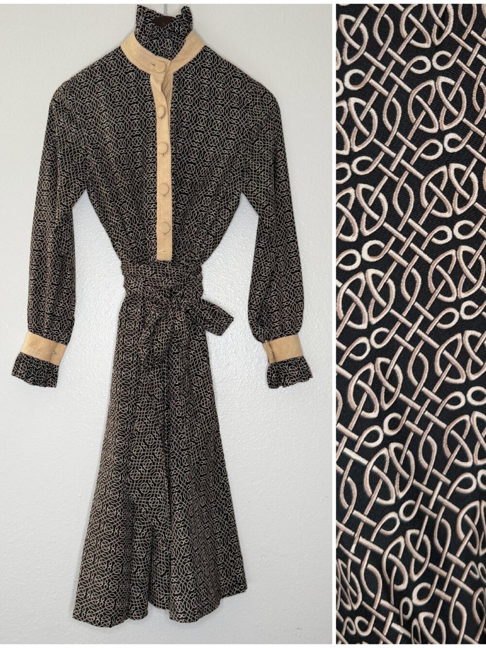 Vintage Shirtdress 70s Lillie Rubin Suede Trimmed Printed Belted High Collar SM